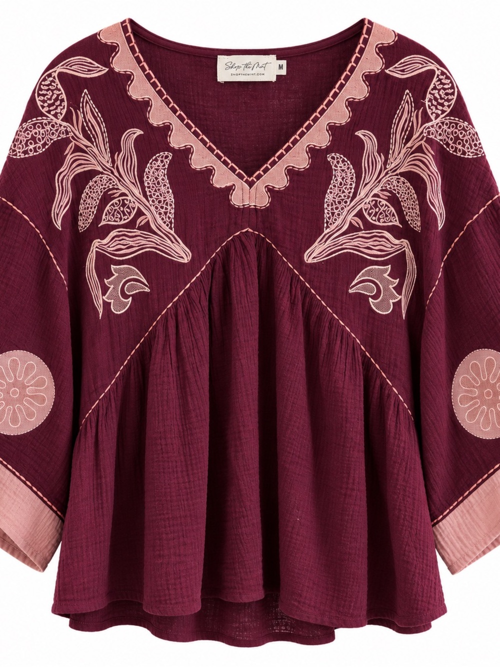 Shop the Mint Burgundy Embroidered Cotton Gauze Nursing Blouse Size M